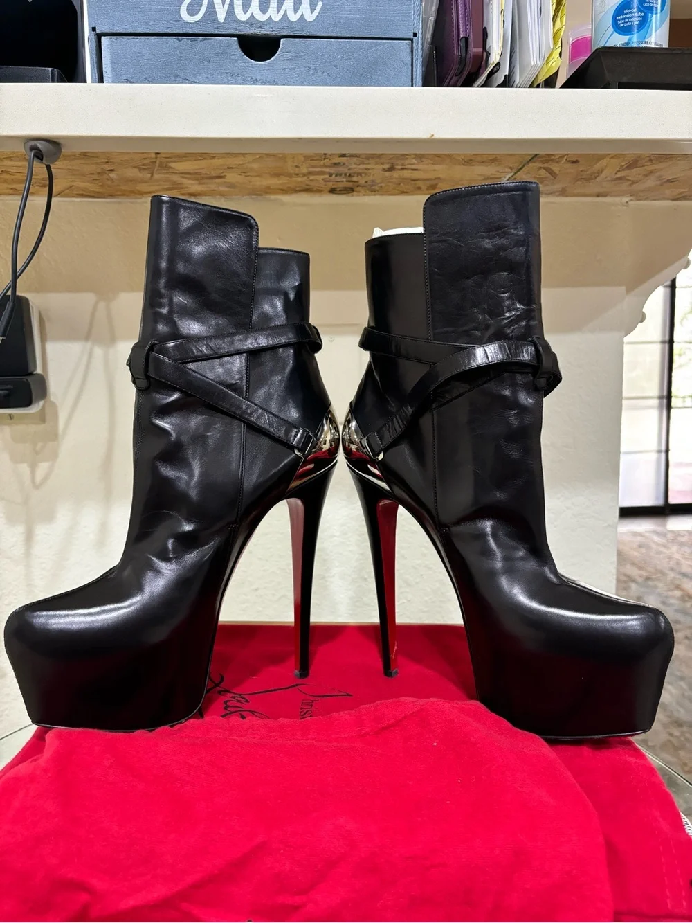 Christian Louboutin Equestria 160 Shiny Calf Platform Ankle Boots Black/Gold